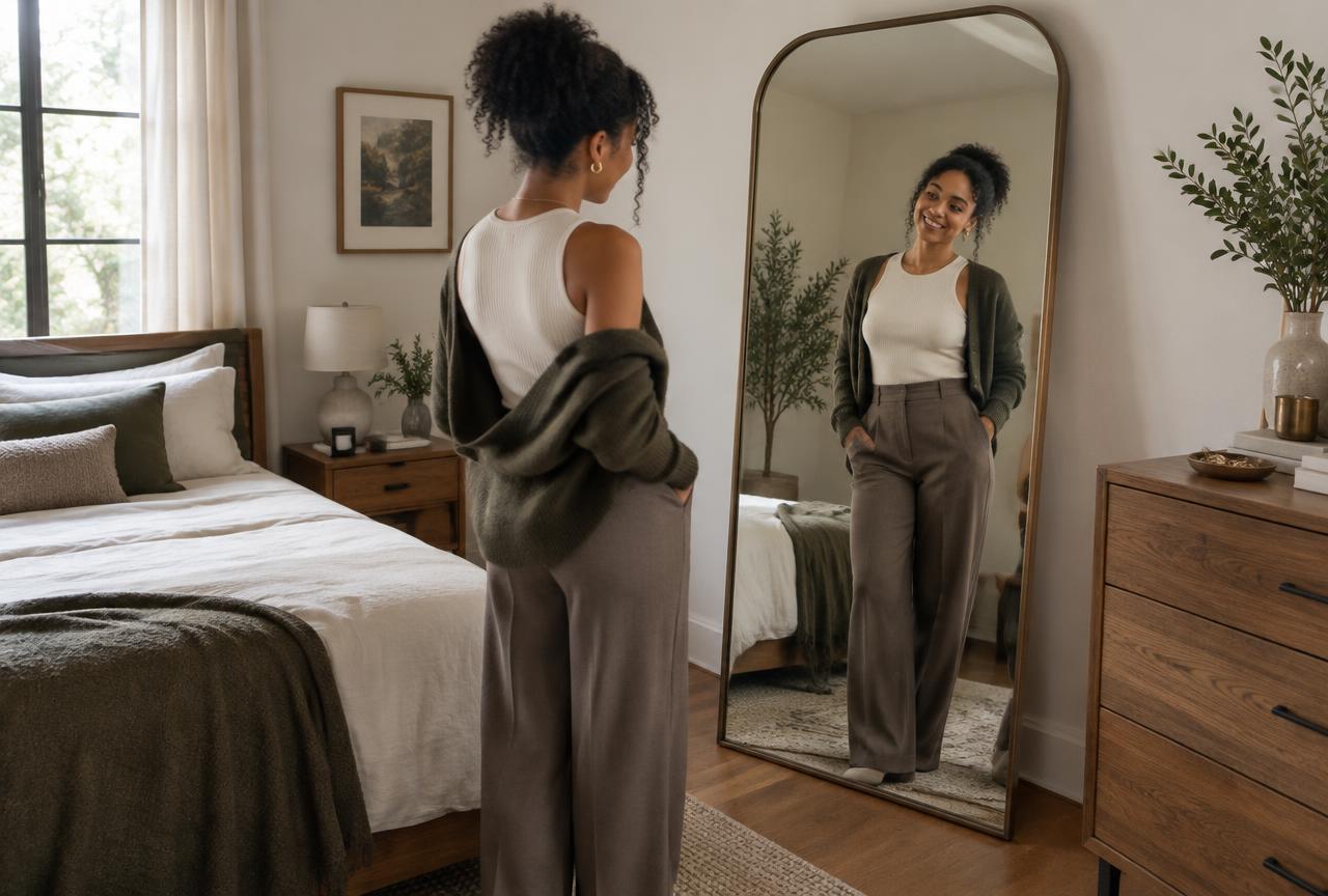 A woman admiring her outfit in a floor-length bedroom mirror